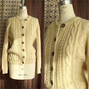 Vintage 1960s Wool Sweater, Tarni Handknit Ivory Cable Knit Cardigan, Size 38,